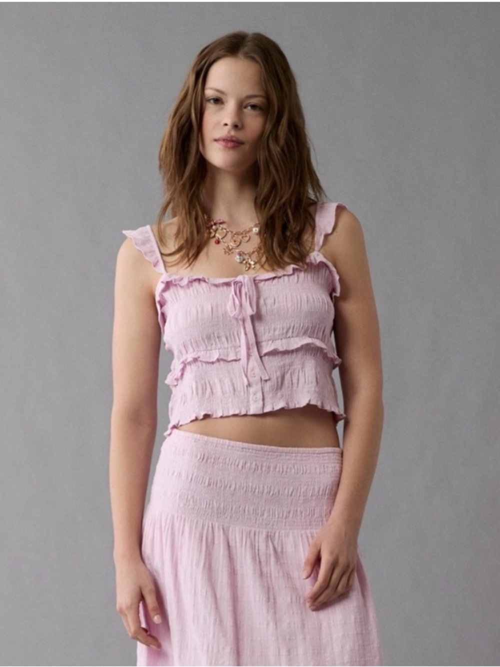American Eagle Outfitters Pink Ruffled Smocked Crop Top